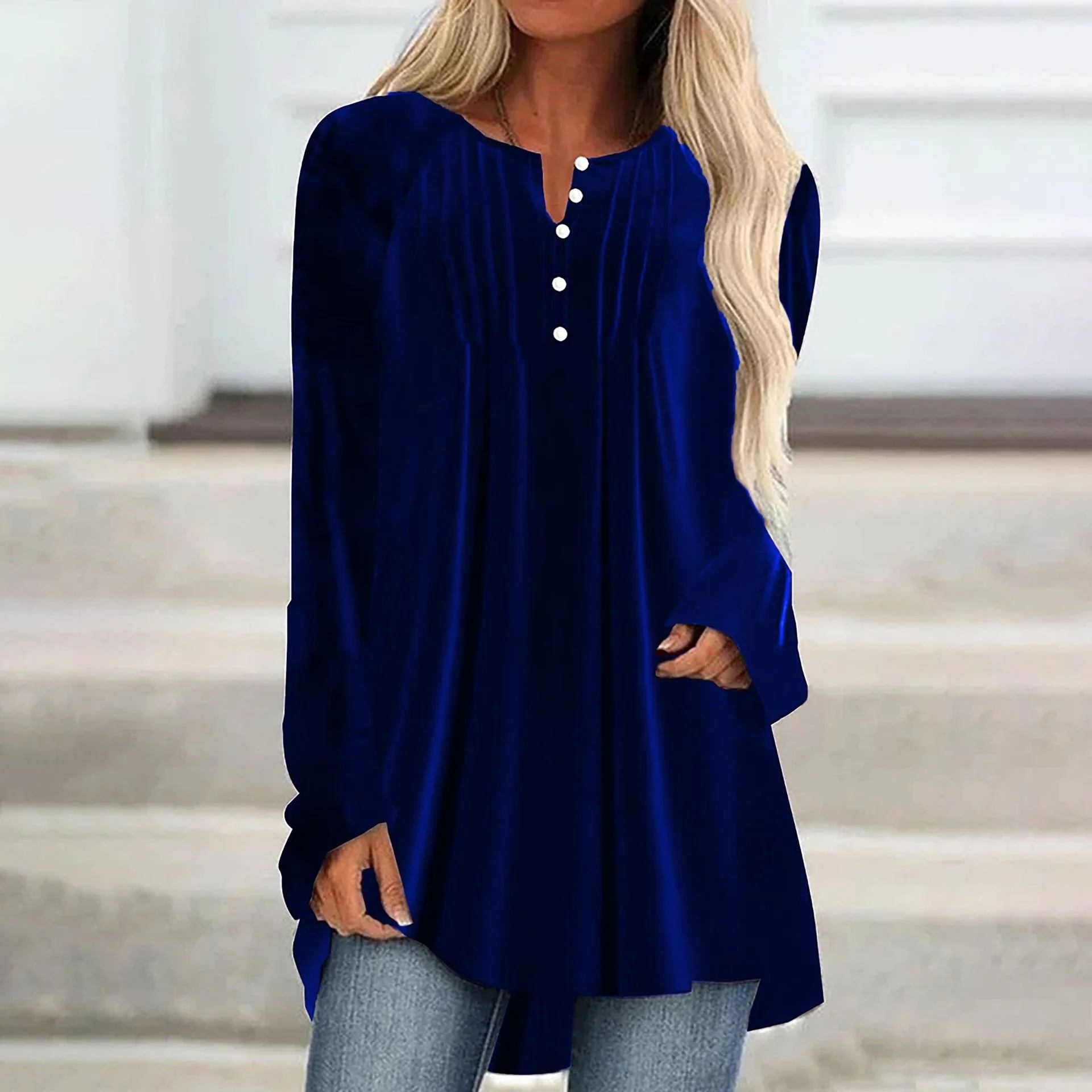 Crew Neck Long Sleeve Plain Regular Micro-Elasticity Loose Blouse For Women