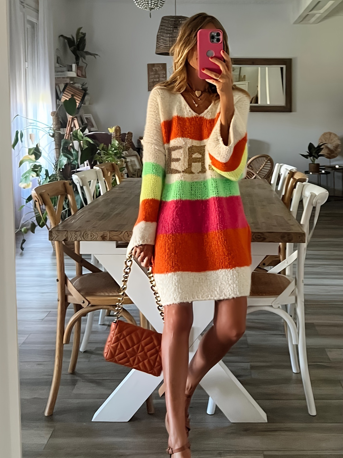 Women Striped Crew Neck Long Sleeve Comfy Casual Midi Dress