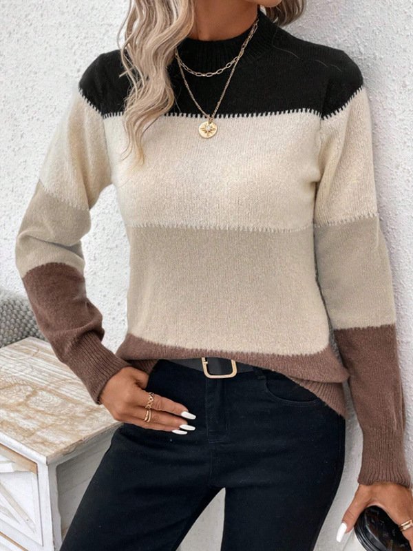 Women Yarn/Wool Yarn Striped Long Sleeve Comfy Casual Sweater