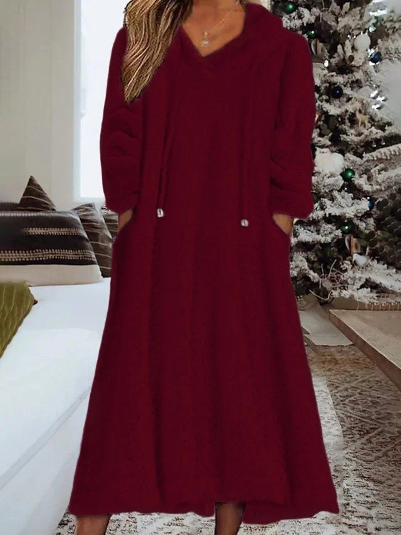 Women Plain Hoodie Long Sleeve Comfy Casual Midi Dress