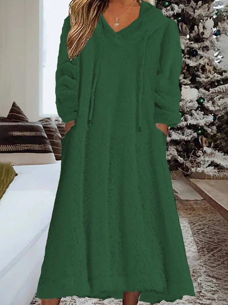 Women Plain Hoodie Long Sleeve Comfy Casual Midi Dress