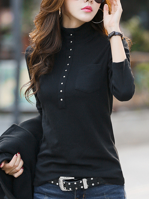 Turtleneck Long Sleeve Plain Regular Micro-Elasticity Loose Blouse For Women