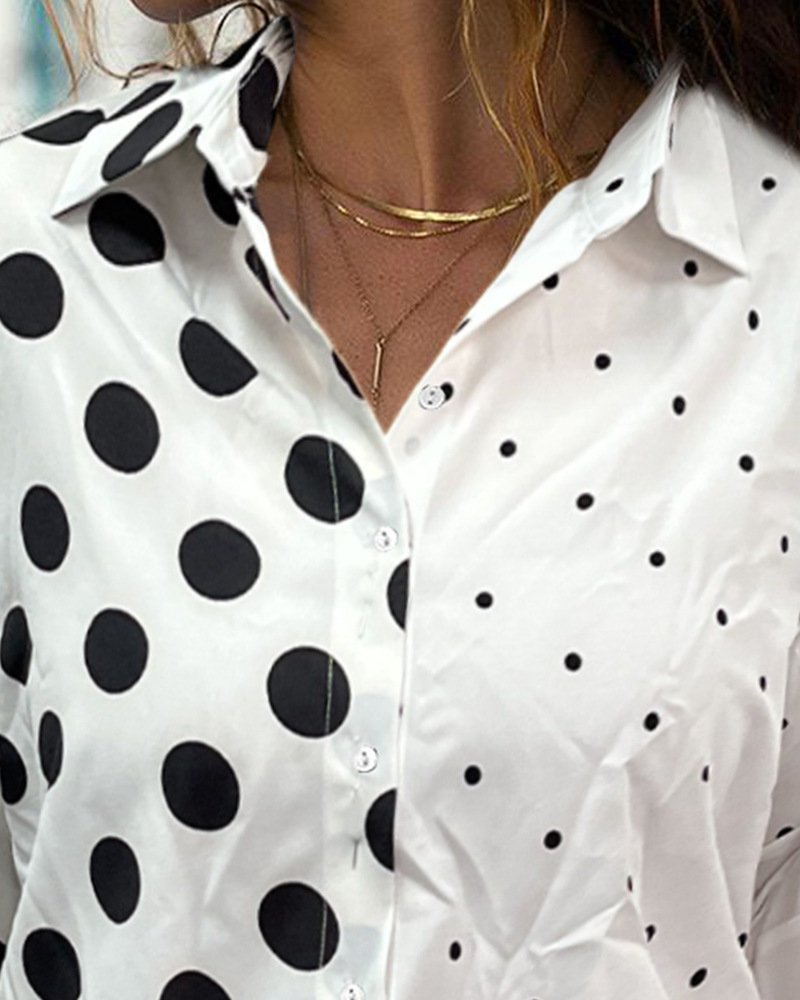 Shirt Collar Long Sleeve Polka Dots Regular Loose Shirt For Women