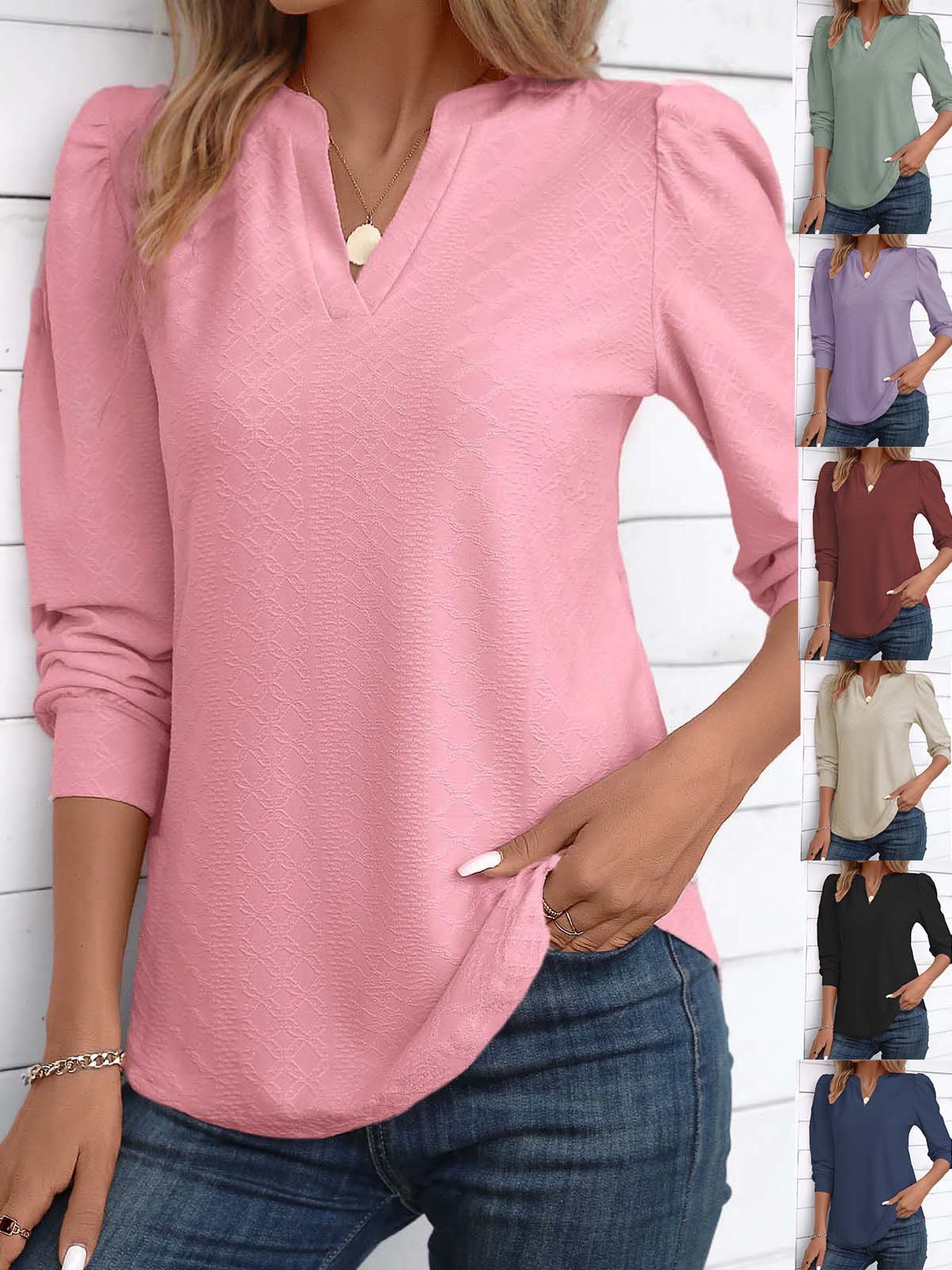 Notched Long Sleeve Plain Regular Micro-Elasticity Loose Blouse For Women