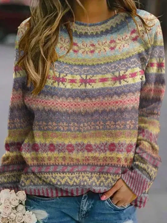 Women Knitted Ethnic Geometry Long Sleeve Comfy Casual Sweater