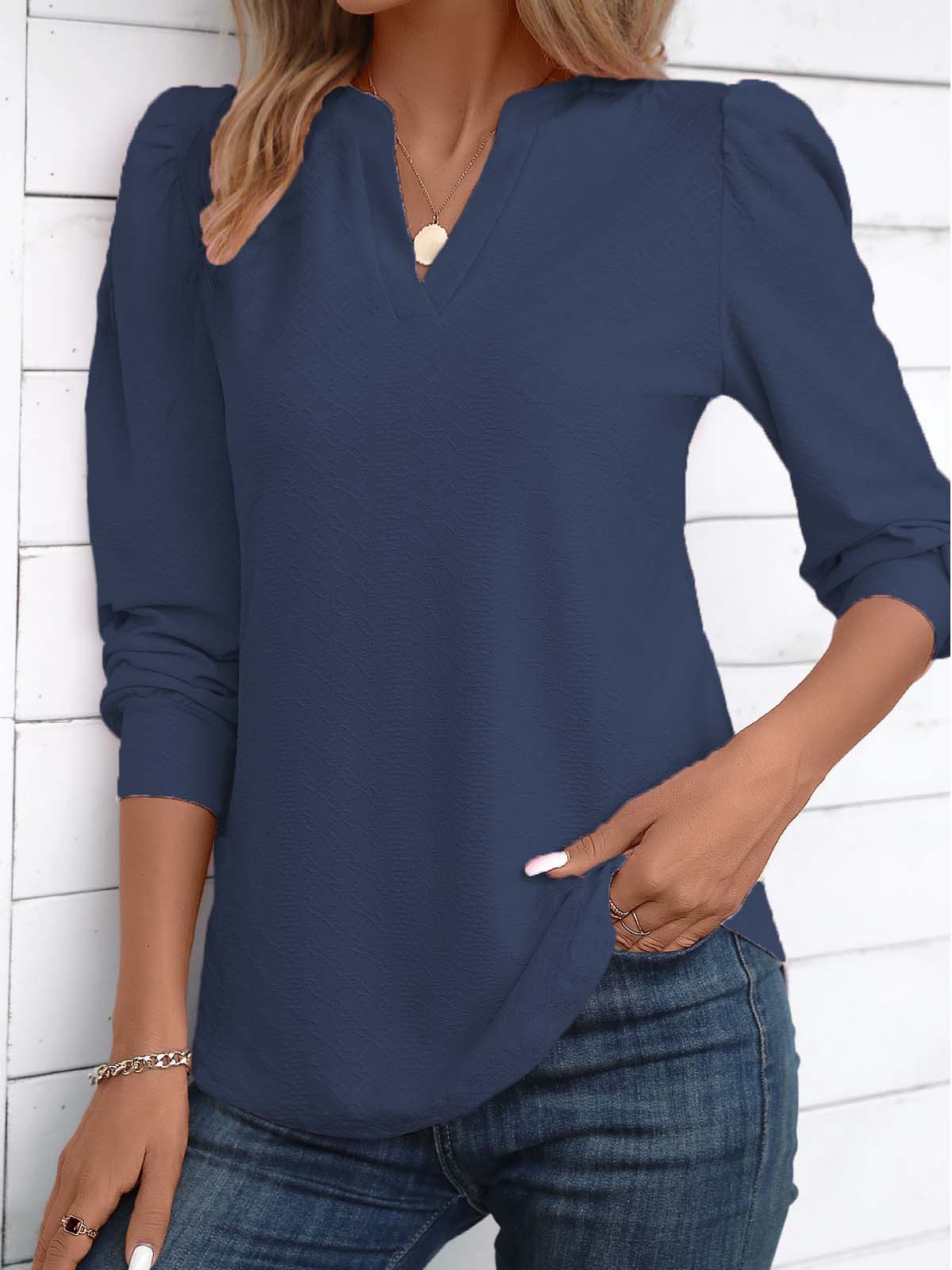 Notched Long Sleeve Plain Regular Micro-Elasticity Loose Blouse For Women