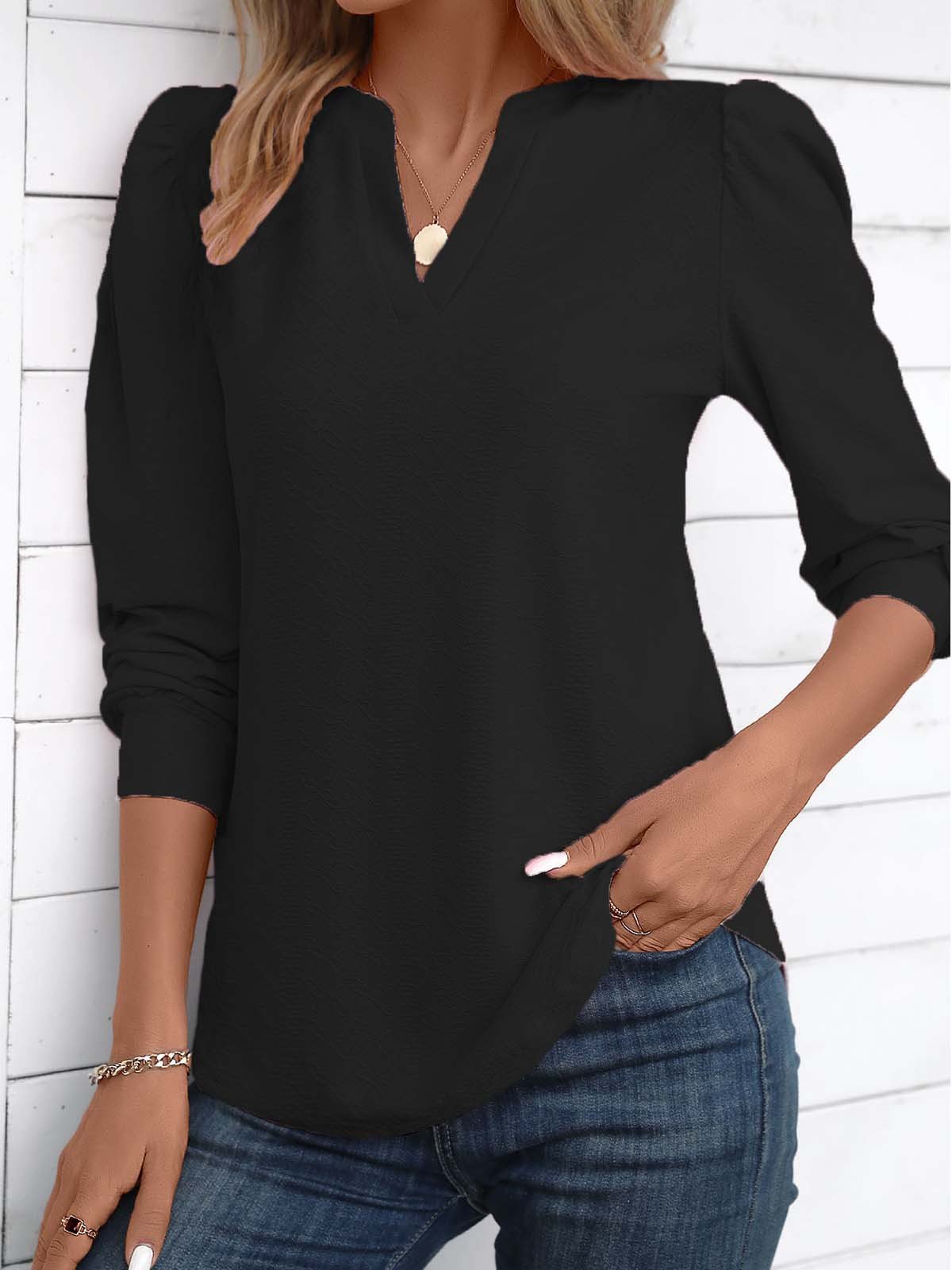 Notched Long Sleeve Plain Regular Micro-Elasticity Loose Blouse For Women