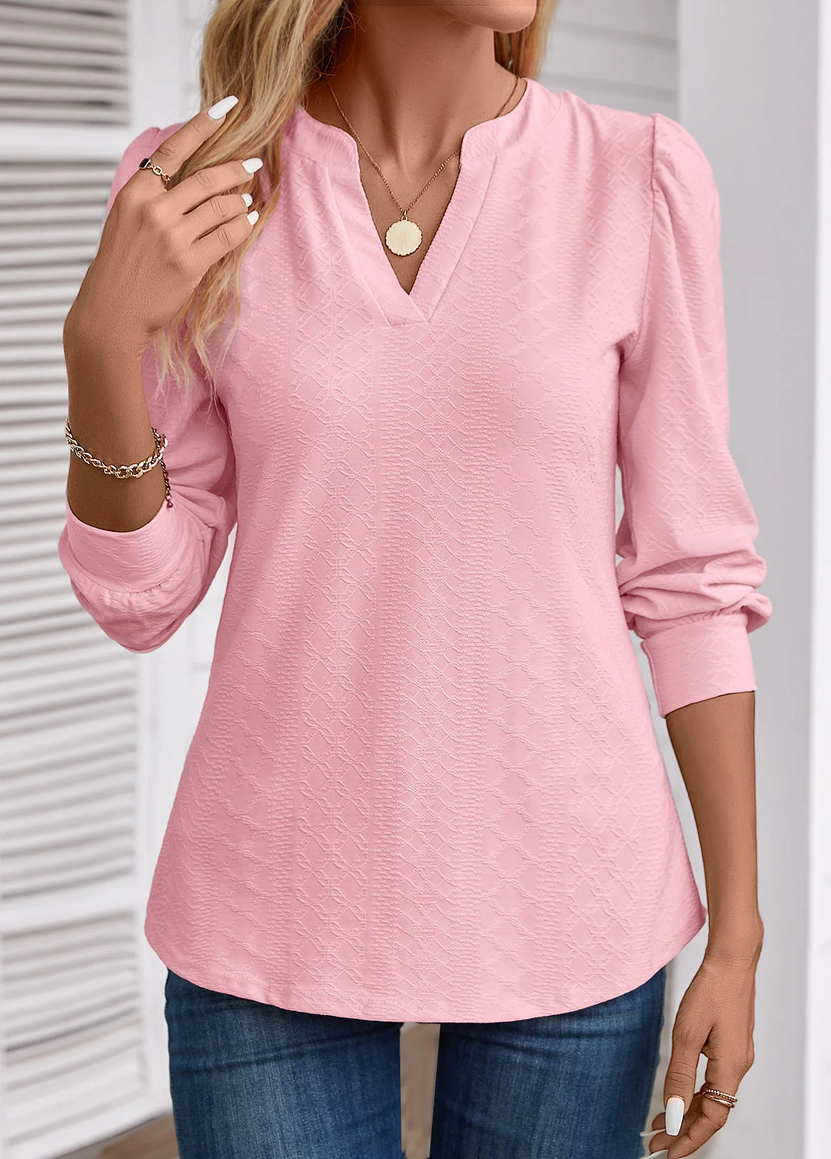 Notched Long Sleeve Plain Regular Micro-Elasticity Loose Blouse For Women