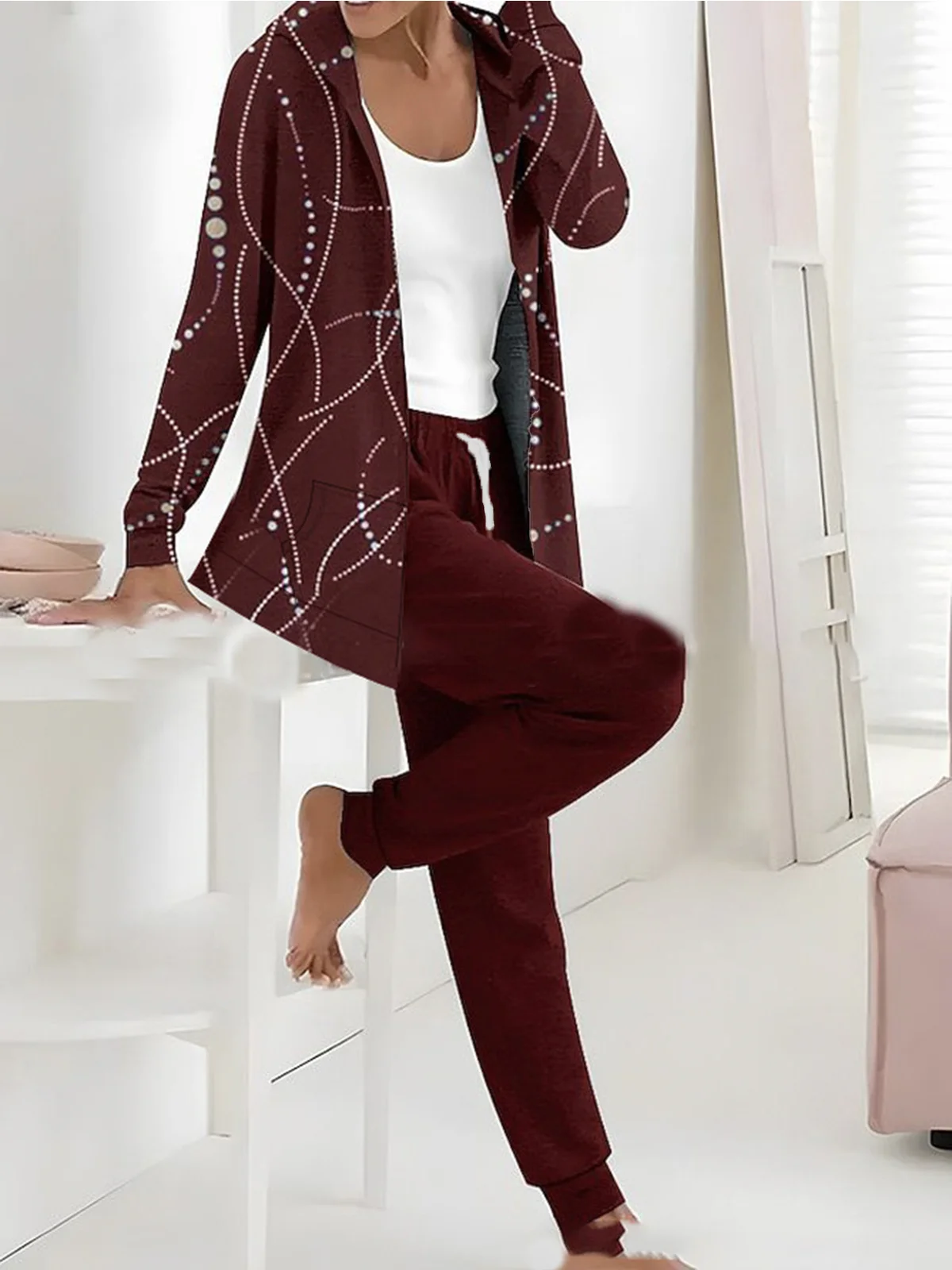 Women Geometric Hoodie Long Sleeve Comfy Casual Jacket and pants Two-Piece Set