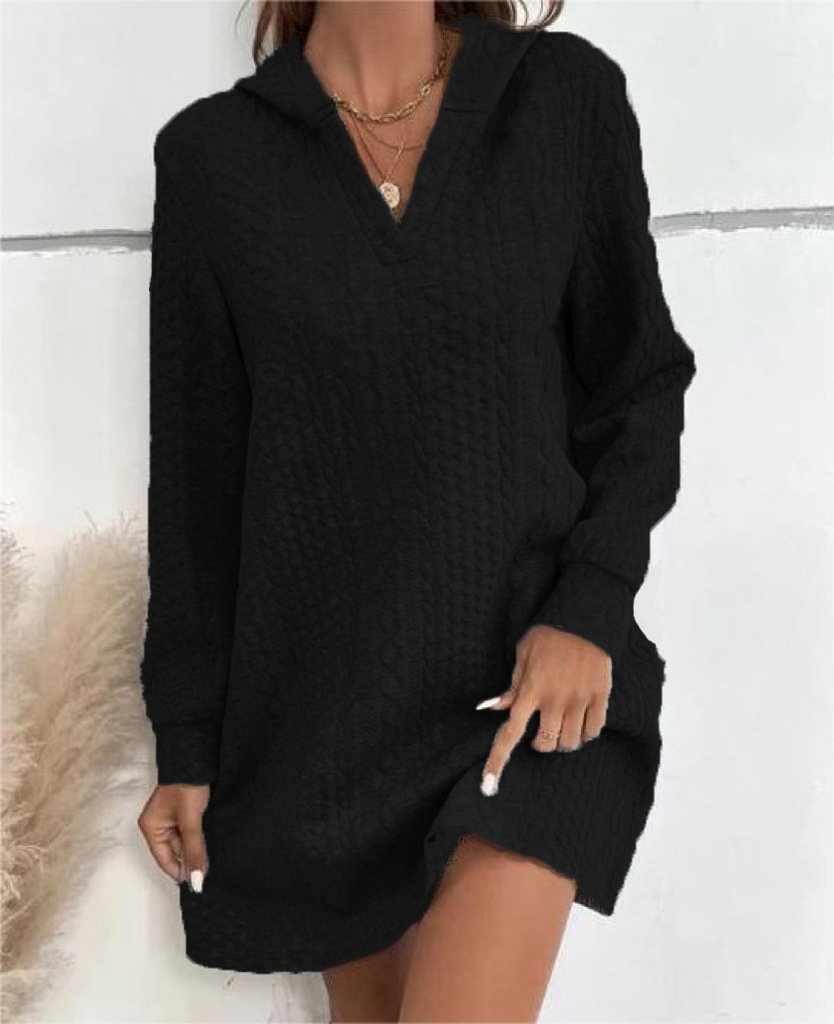 Women Plain Hoodie Long Sleeve Comfy Casual Midi Dress