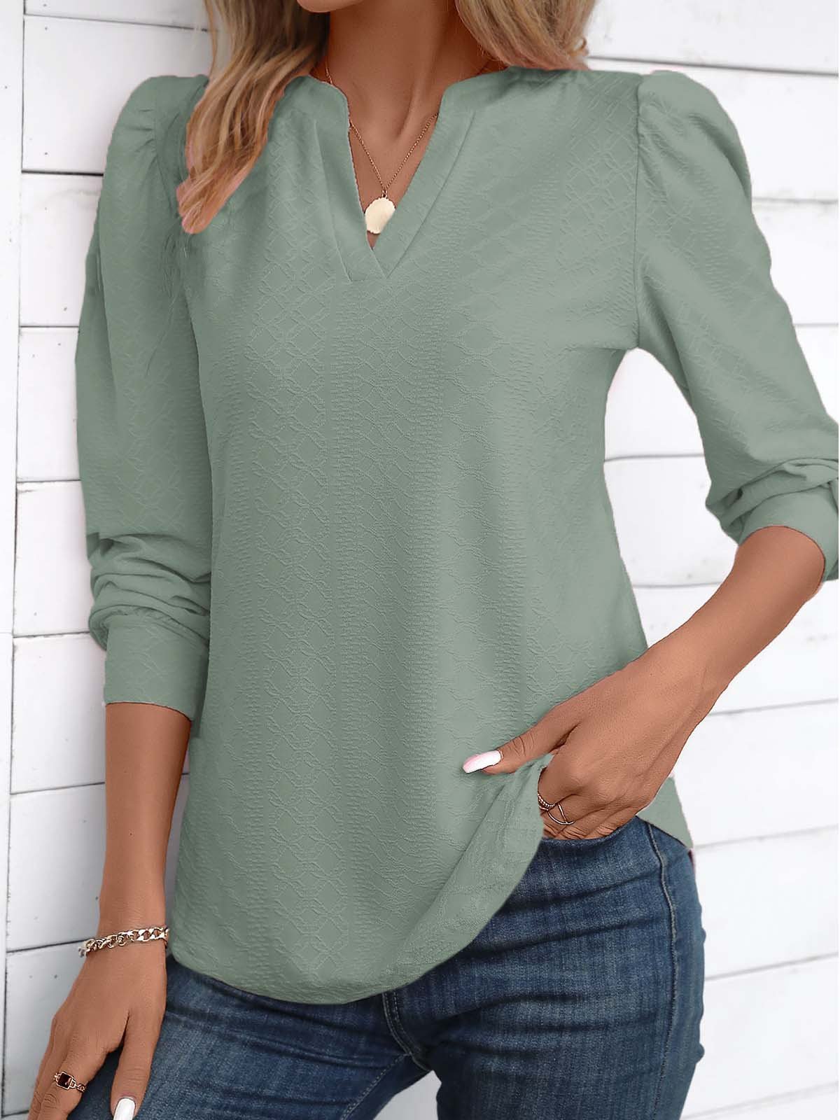 Notched Long Sleeve Plain Regular Micro-Elasticity Loose Blouse For Women