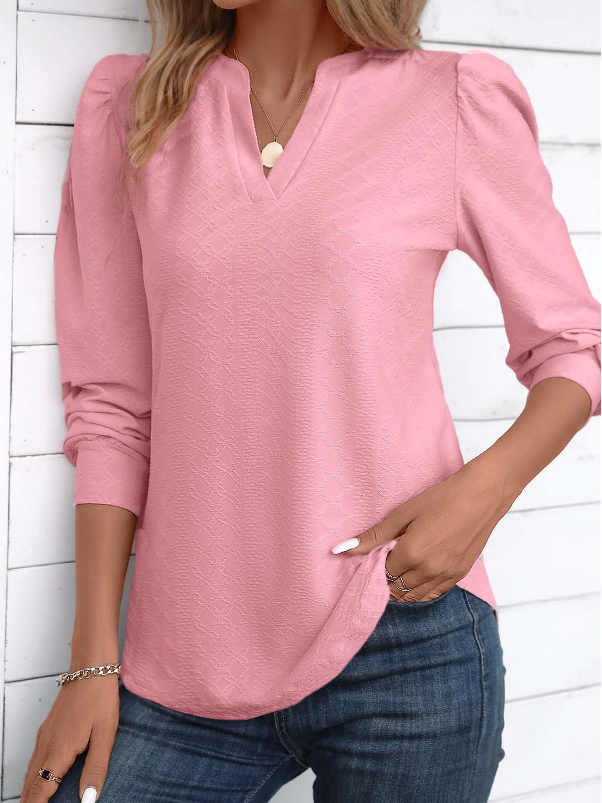 Notched Long Sleeve Plain Regular Micro-Elasticity Loose Blouse For Women