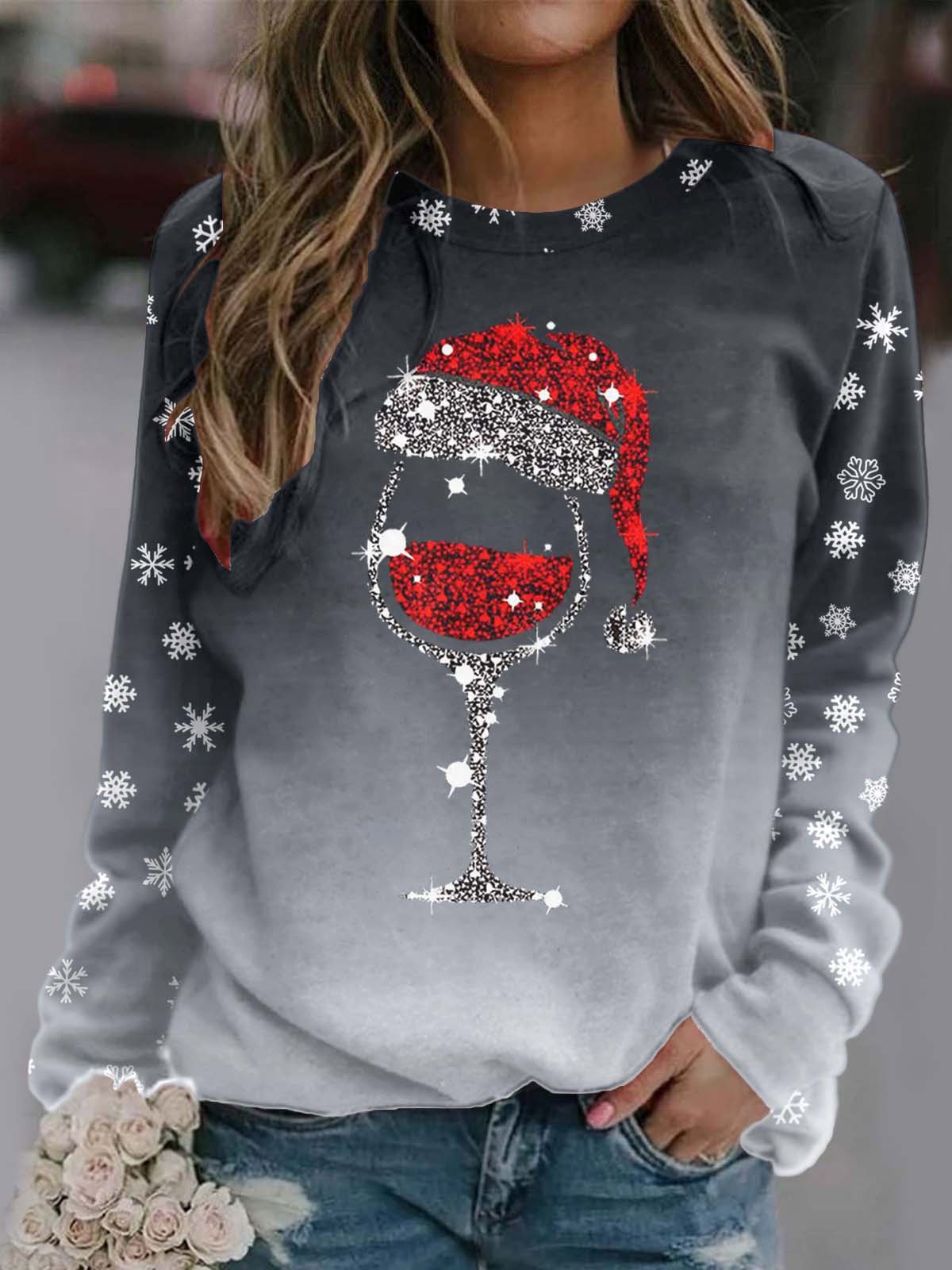 Casual Crew Neck Christmas Wine Glass Sweatshirt