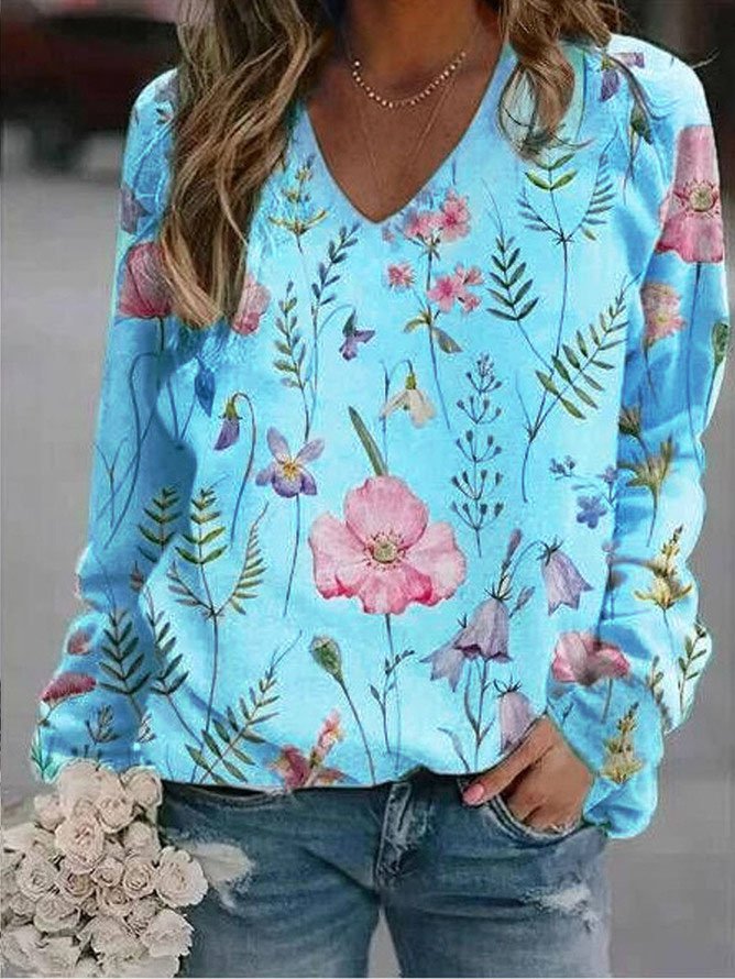 Casual V Neck Floral Sweatshirt