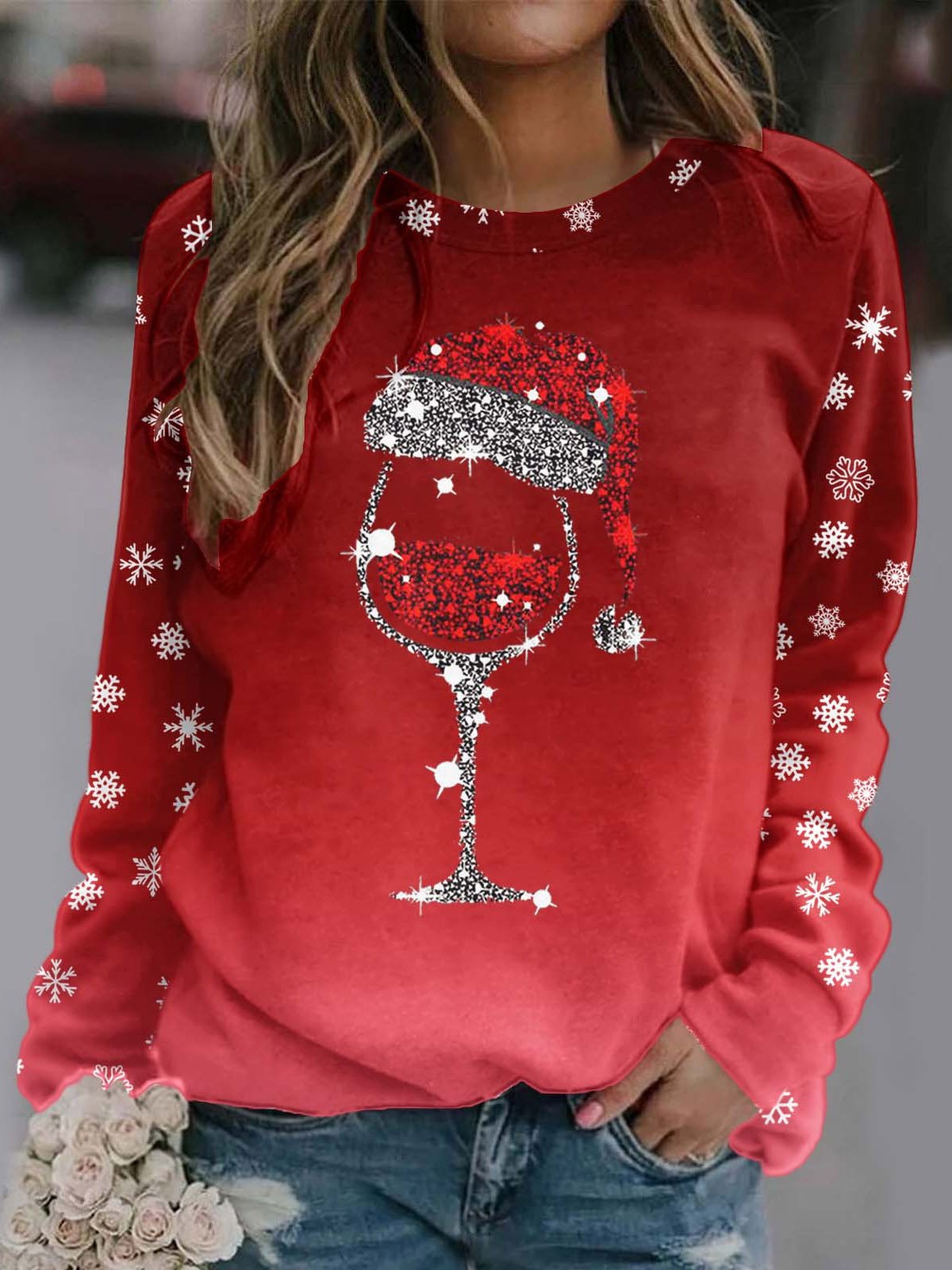 Casual Crew Neck Christmas Wine Glass Sweatshirt