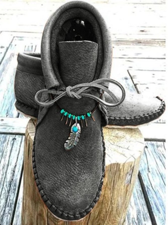 Boho Plain Lace-Up Flat Heel Moccasin Boots Beaded