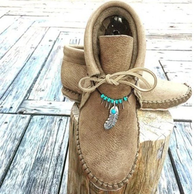 Boho Plain Lace-Up Flat Heel Moccasin Boots Beaded