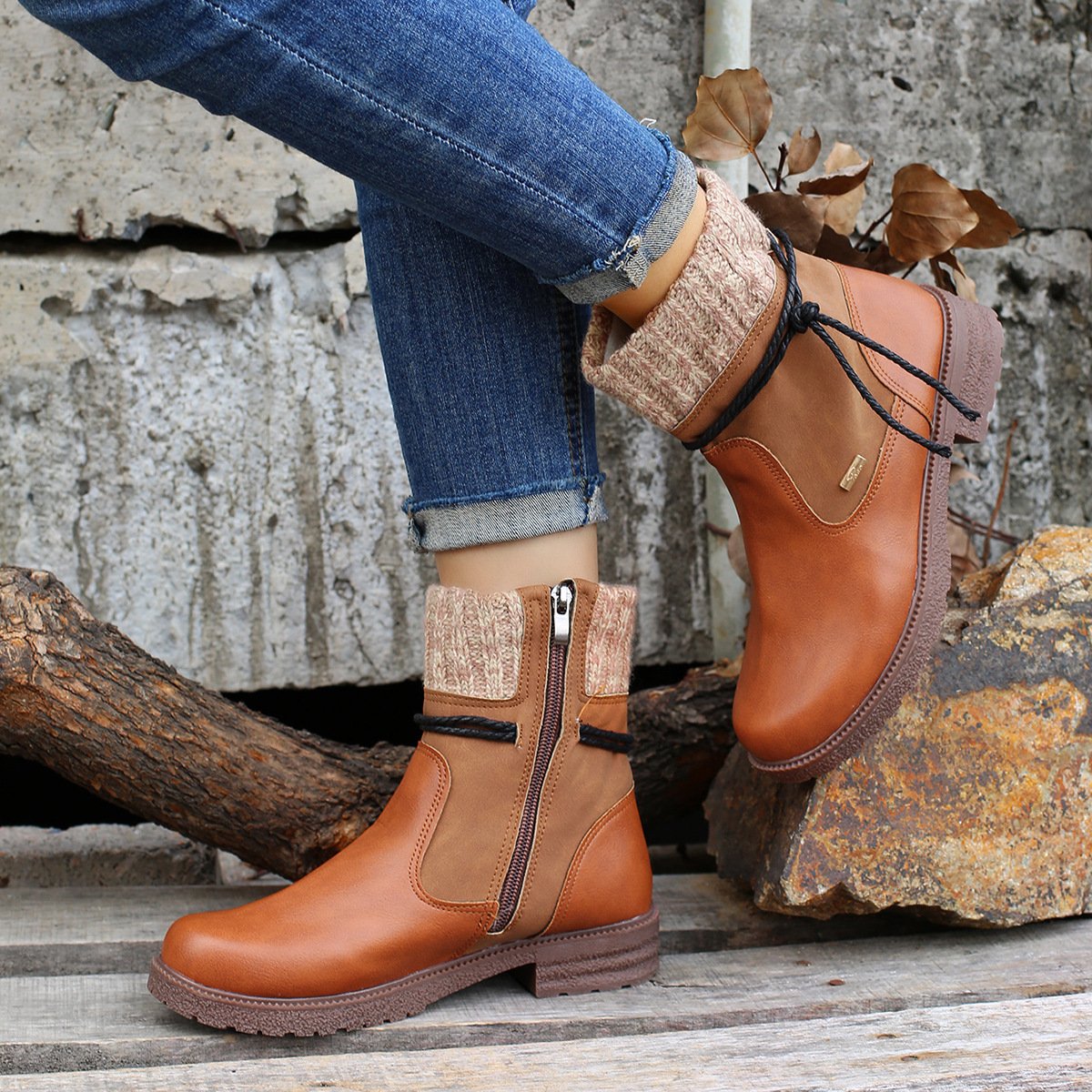 Vintage Plain Zipper Block Heel Classic Boots