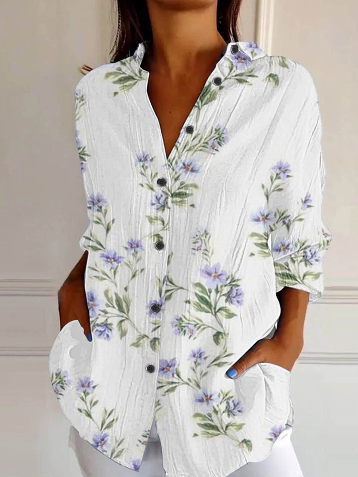 Shirt Collar Long Sleeve Floral Regular Loose Shirt For Women