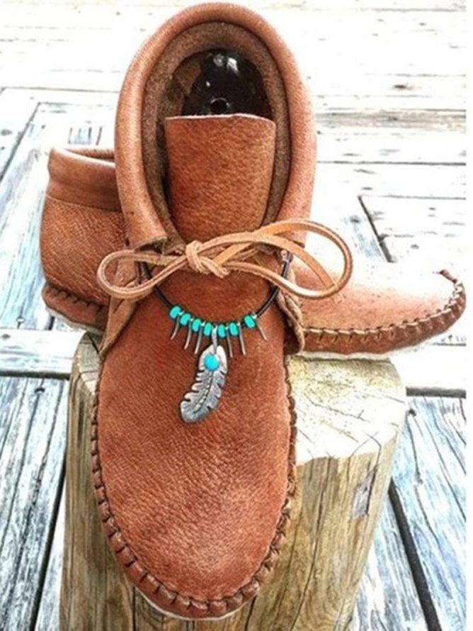 Boho Plain Lace-Up Flat Heel Moccasin Boots Beaded