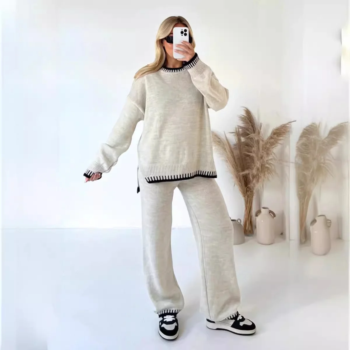 Women Plain Long Sleeve Comfy Casual Top With Pants Two-Piece Set