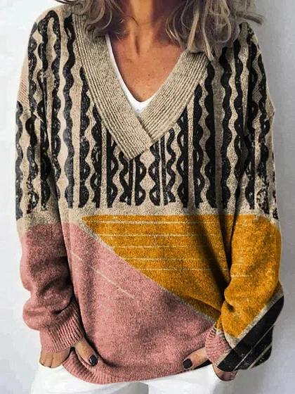 Women Yarn/Wool Yarn Geometric Long Sleeve Comfy Casual Sweater