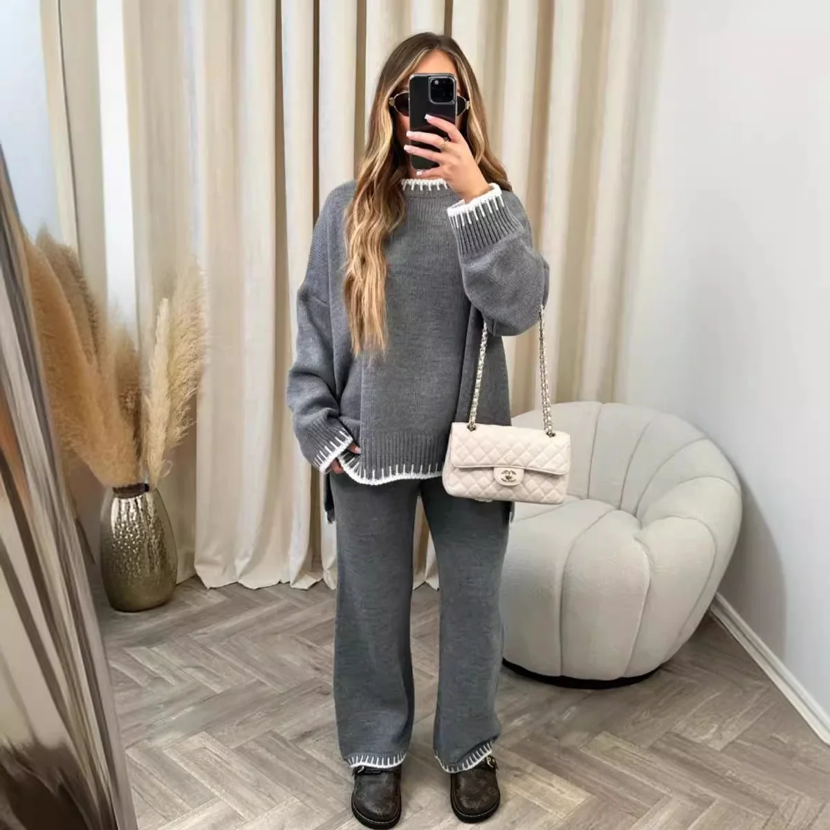 Women Plain Long Sleeve Comfy Casual Top With Pants Two-Piece Set