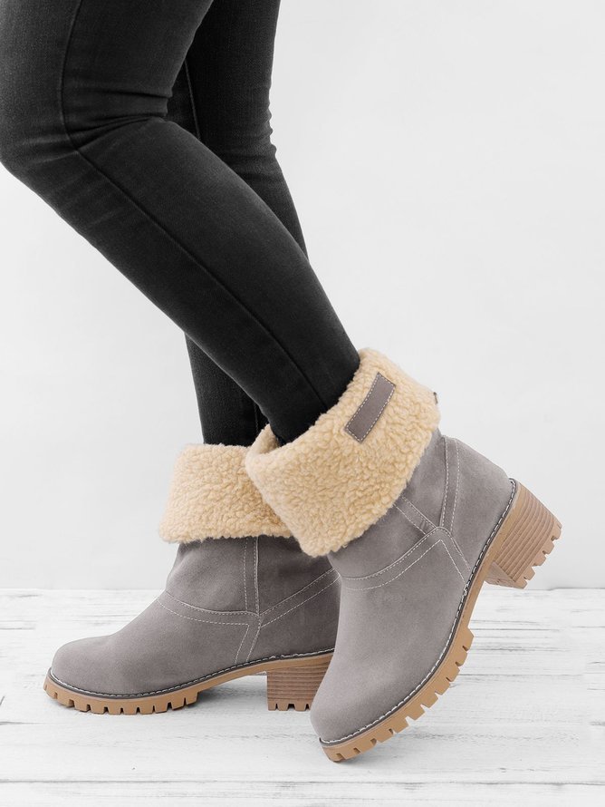 Casual Plain Slip On Block Heel Snow Boots