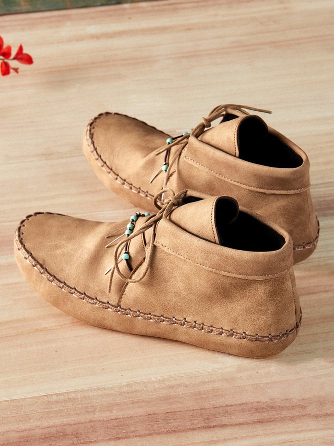 Boho Plain Lace-Up Flat Heel Moccasin Boots Beaded