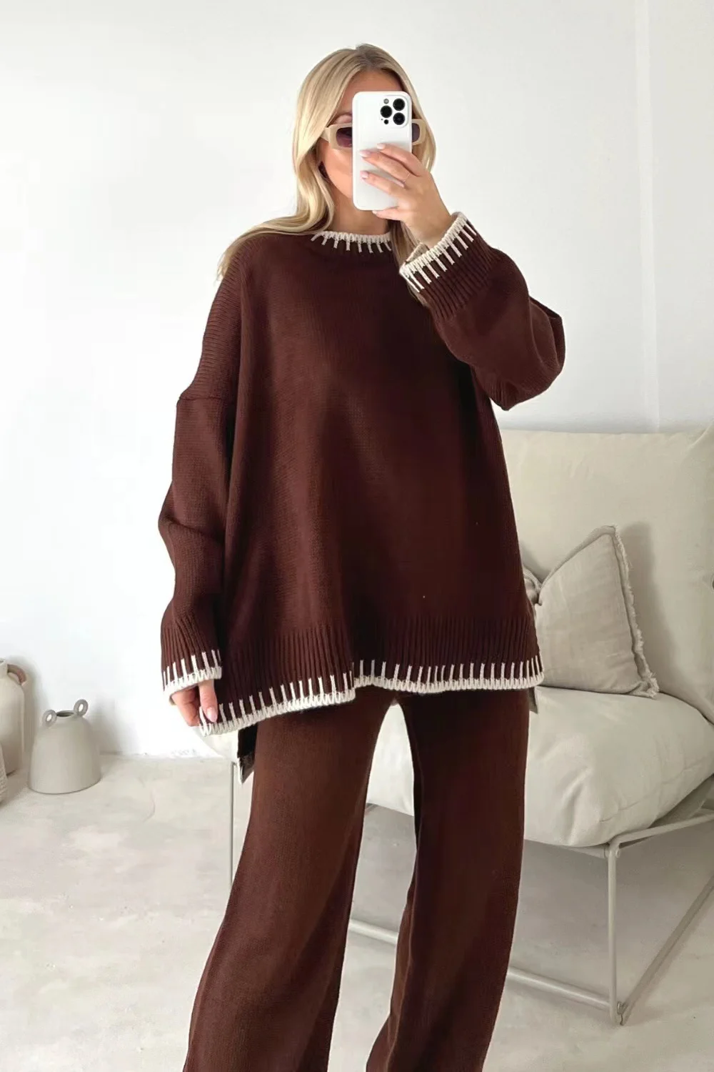 Women Plain Long Sleeve Comfy Casual Top With Pants Two-Piece Set