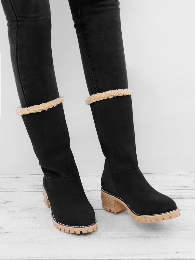 Casual Plain Slip On Block Heel Snow Boots