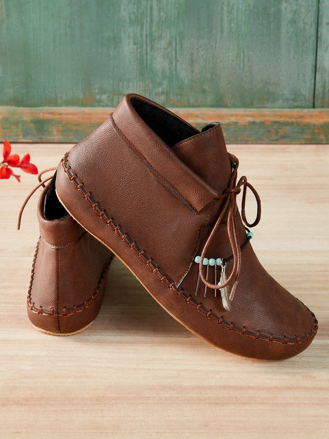 Boho Plain Lace-Up Flat Heel Moccasin Boots Beaded