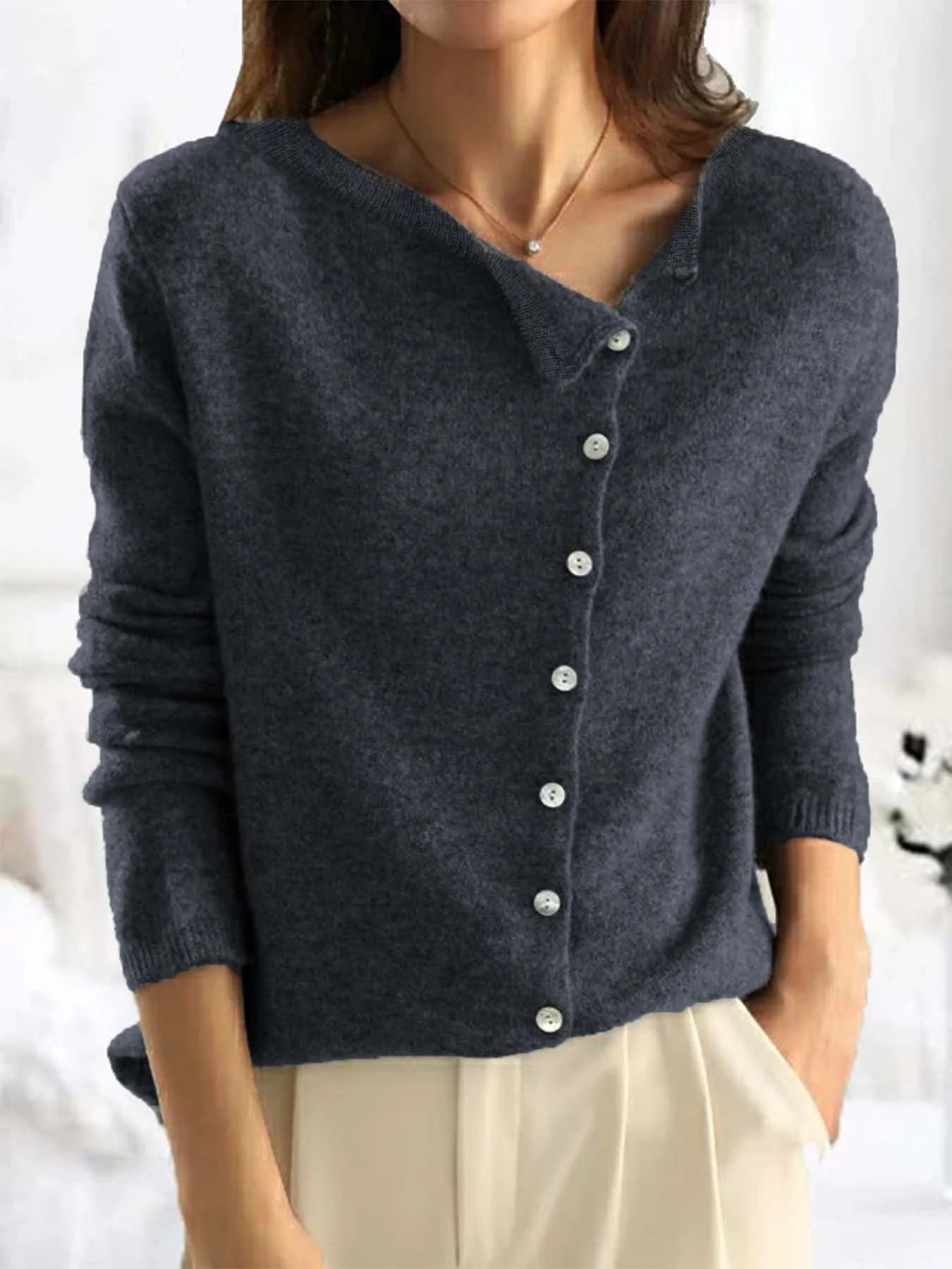 Women Yarn/Wool Yarn Geometric Long Sleeve Comfy Casual Sweater