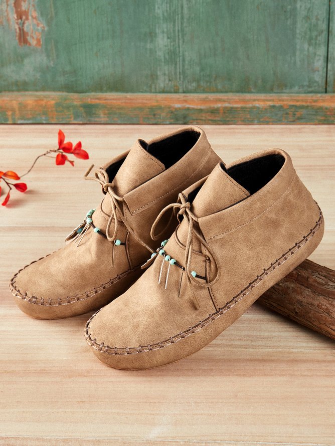 Boho Plain Lace-Up Flat Heel Moccasin Boots Beaded