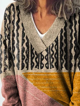 Women Yarn/Wool Yarn Geometric Long Sleeve Comfy Casual Sweater