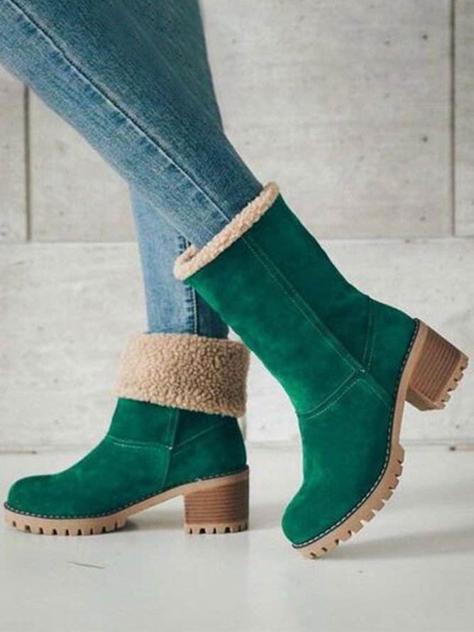 Casual Plain Slip On Block Heel Snow Boots