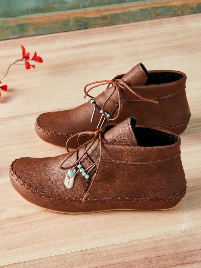 Boho Plain Lace-Up Flat Heel Moccasin Boots Beaded