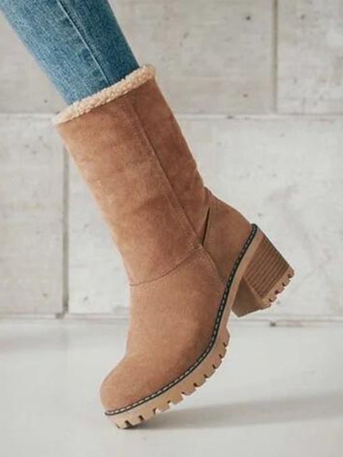 Casual Plain Slip On Block Heel Snow Boots