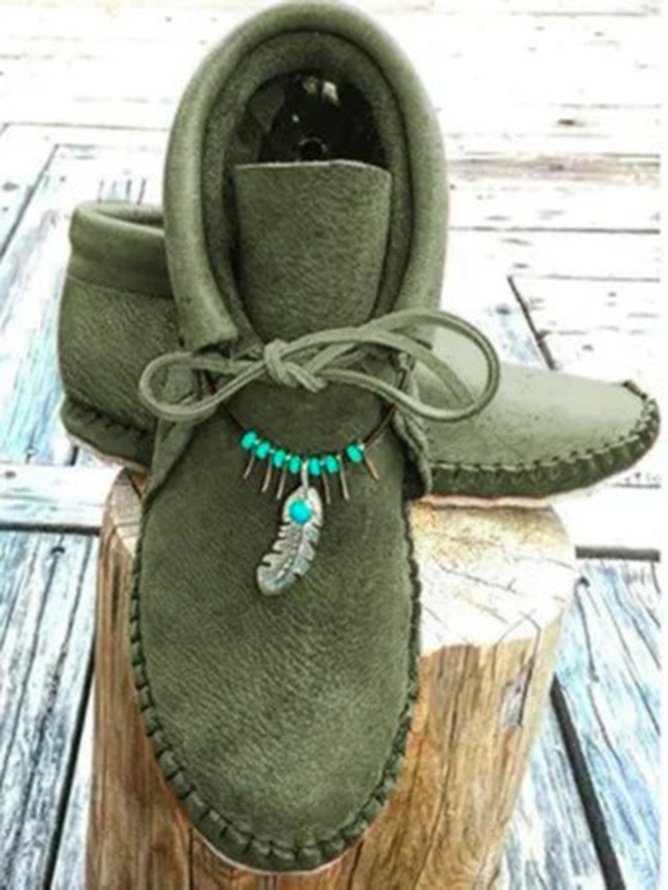 Boho Plain Lace-Up Flat Heel Moccasin Boots Beaded