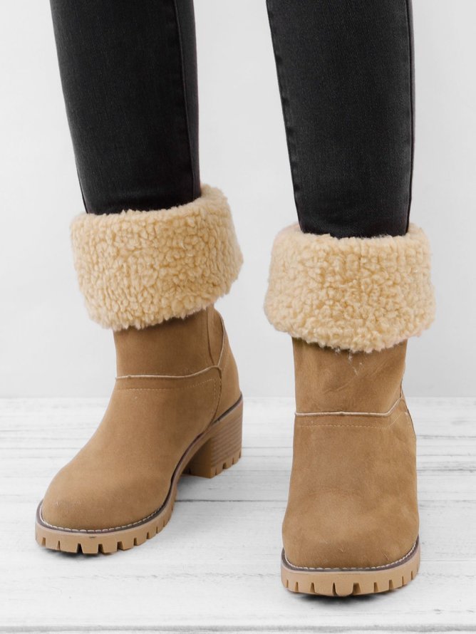 Casual Plain Slip On Block Heel Snow Boots