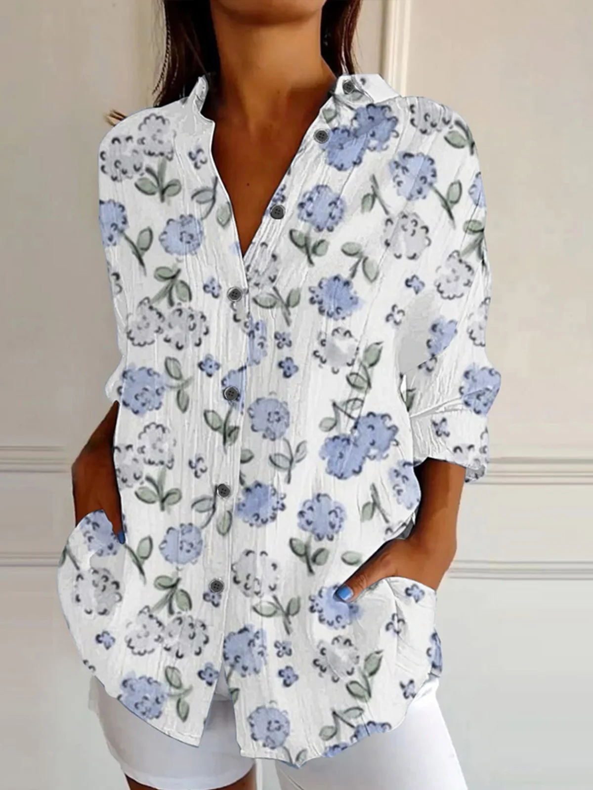 Shirt Collar Long Sleeve Floral Regular Loose Shirt For Women