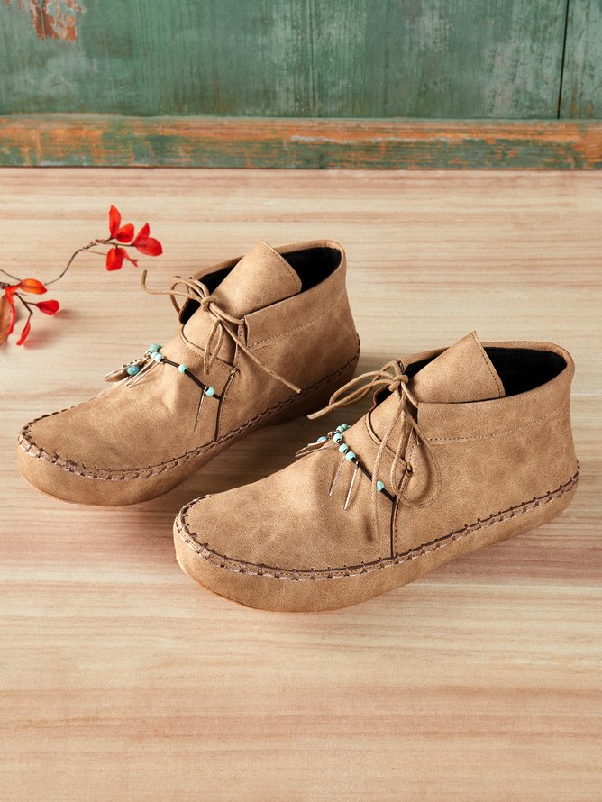 Boho Plain Lace-Up Flat Heel Moccasin Boots Beaded