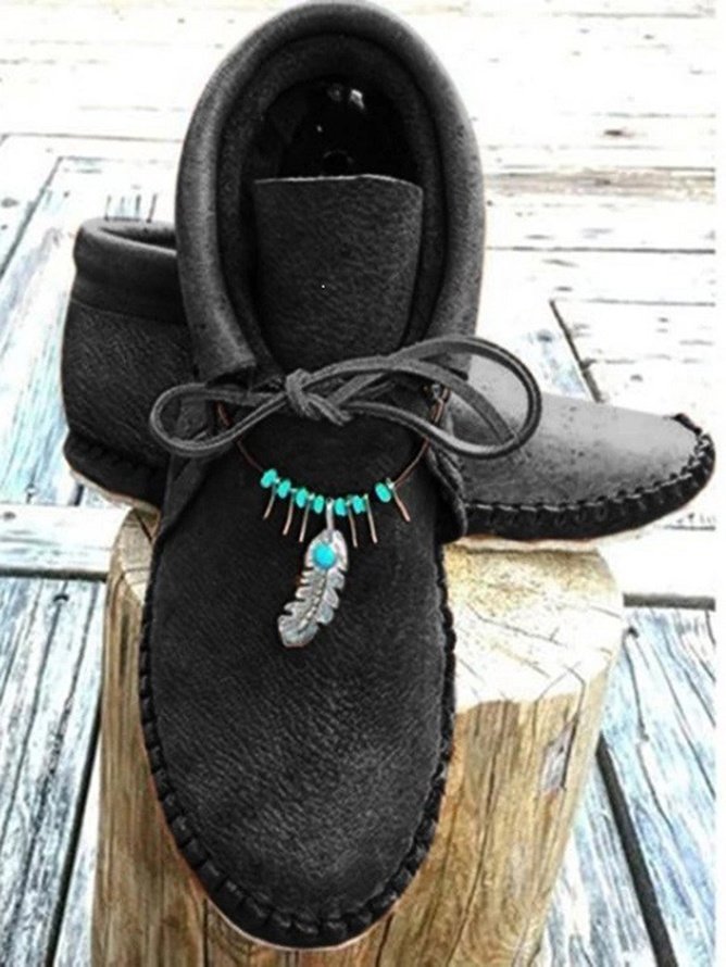 Boho Plain Lace-Up Flat Heel Moccasin Boots Beaded