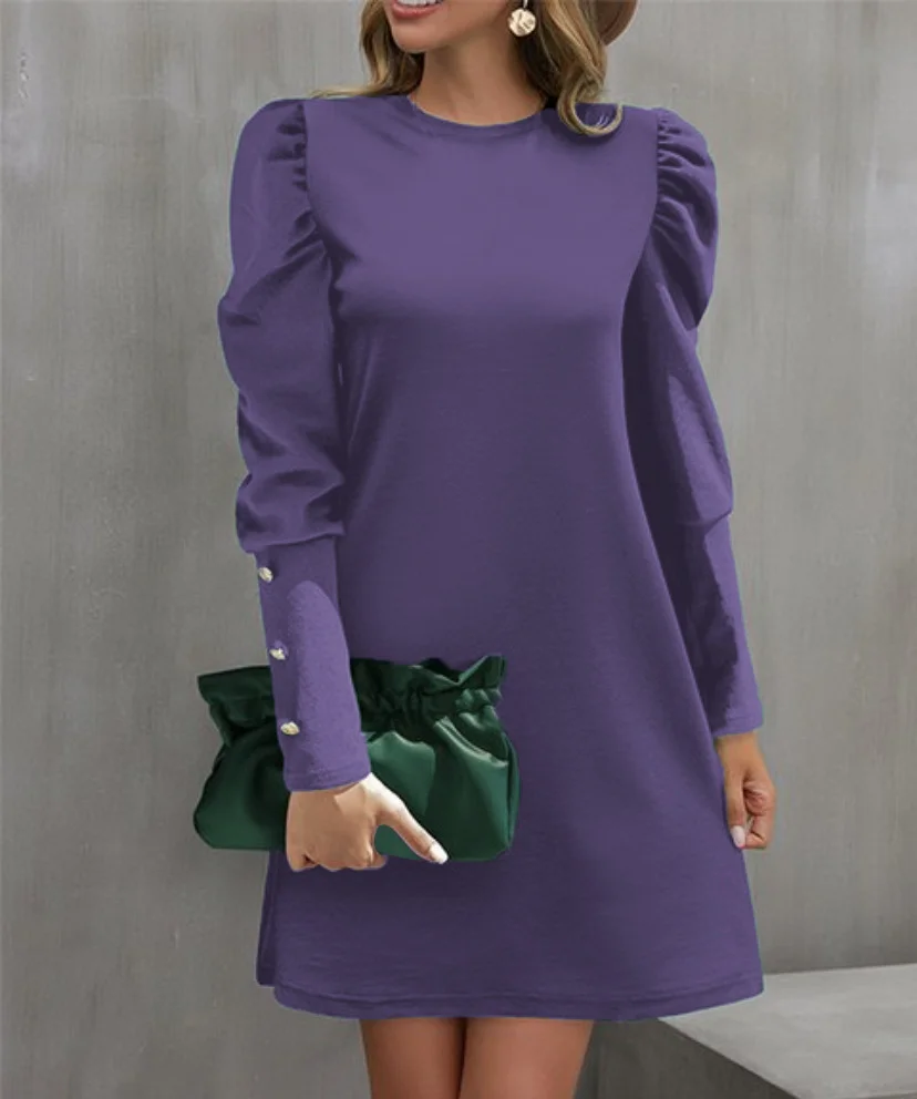 Women Plain Crew Neck Long Sleeve Comfy Casual Midi Dress