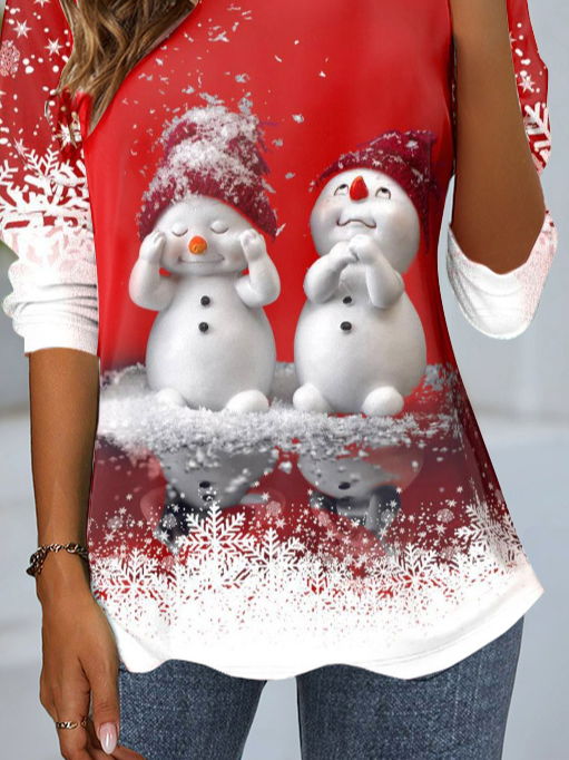 Casual Christmas Snowman Print Crew Neck Long Sleeve T-shirt