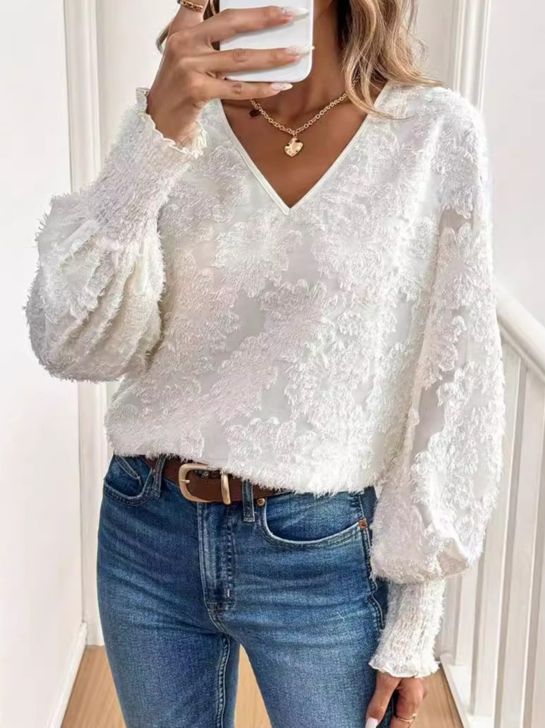 V Neck Puff Sleeve Long Sleeve Plain Lace Regular Loose Blouse For Women