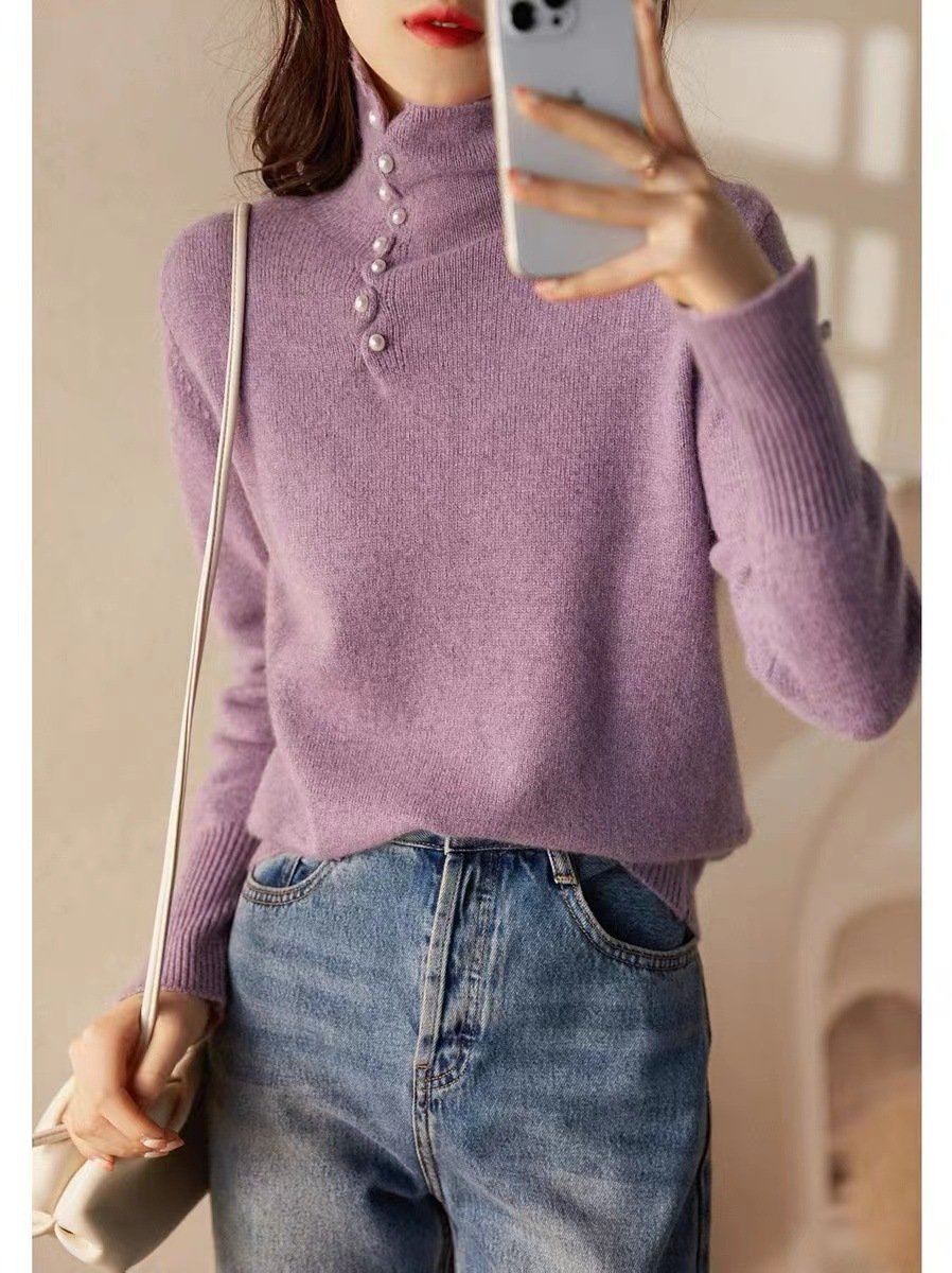 Women Yarn/Wool Yarn Plain Long Sleeve Comfy Casual Sweater