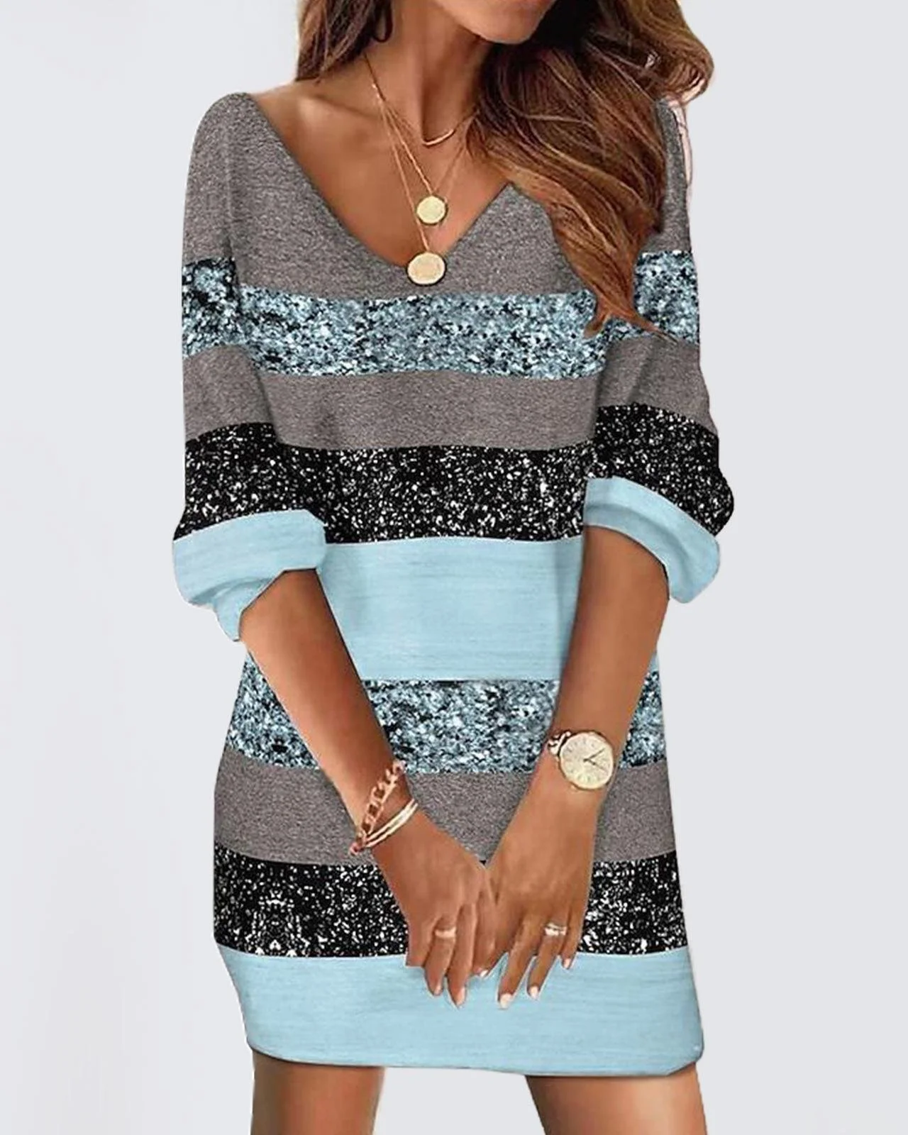 Women Striped Spring/Fall Dress V Neck Long Sleeve T-Shirt Dress H-Line Dress