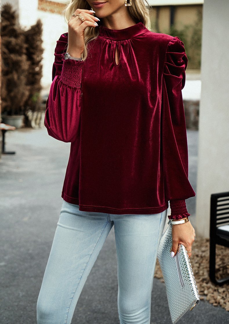 Crew Neck Long Sleeve Plain Regular Micro-Elasticity Loose Blouse For Women