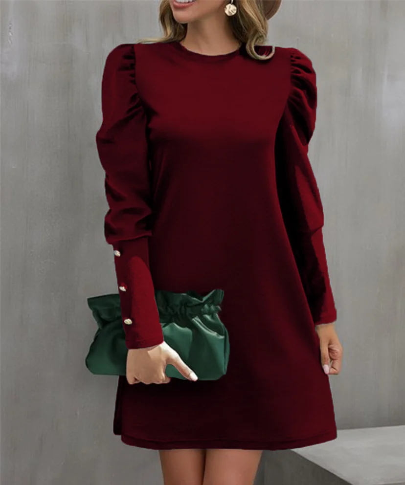 Women Plain Crew Neck Long Sleeve Comfy Casual Midi Dress